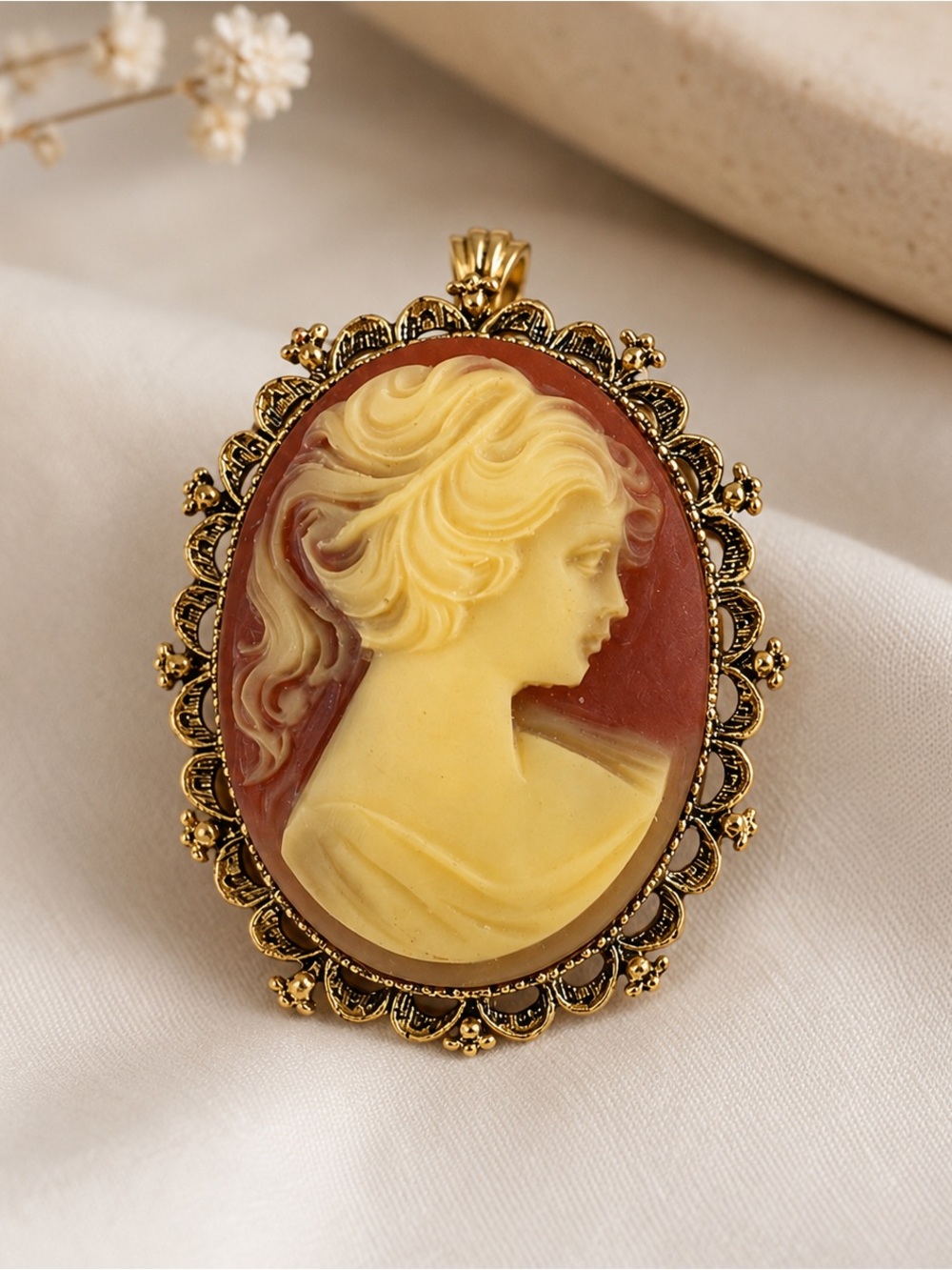 Vintage Signed Coro Cameo Brooch Pendant Gold Tone Victorian Revival